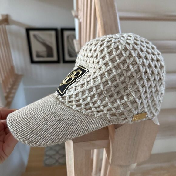 Reale Knit Embroidered Baseball Hat in Creamy Tan NWOT